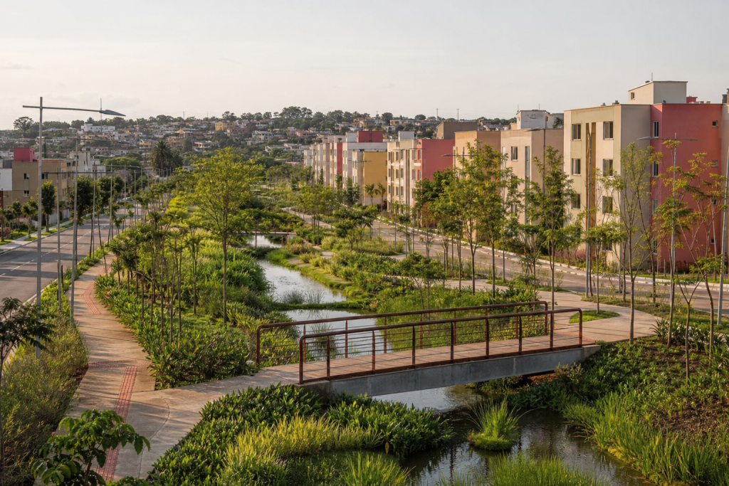 Área urbana do Caximba, em Curitiba, com moradias, infraestrutura viária e área verde integrada ao projeto de urbanização